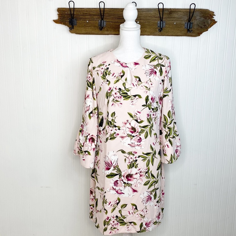White House Black Market Blush Floral Long-Sleeve Shift Dress